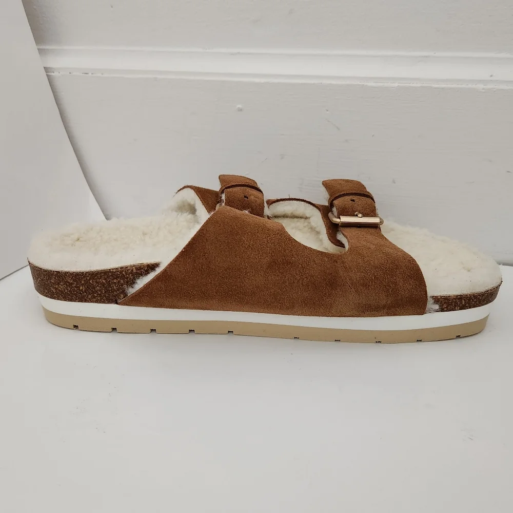 Boden tan suede faux fur cozy slippers footbed sandals slide women size 41